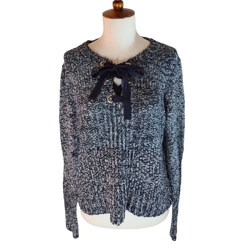 White + Warren Cotton Knit Sweater Blue & White Bow Tie Feminine xSMALL Preowned